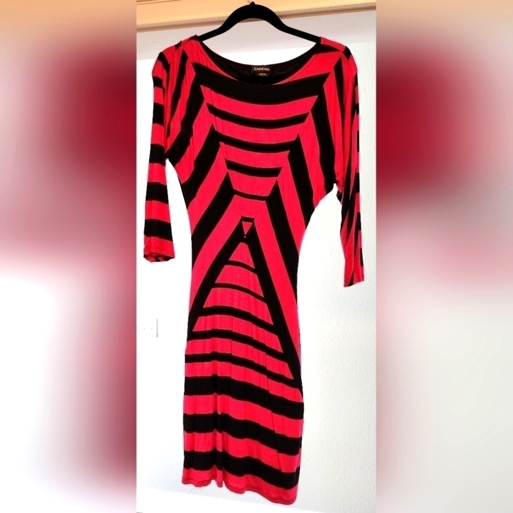 bebe Red and Black Striped Midi Dress